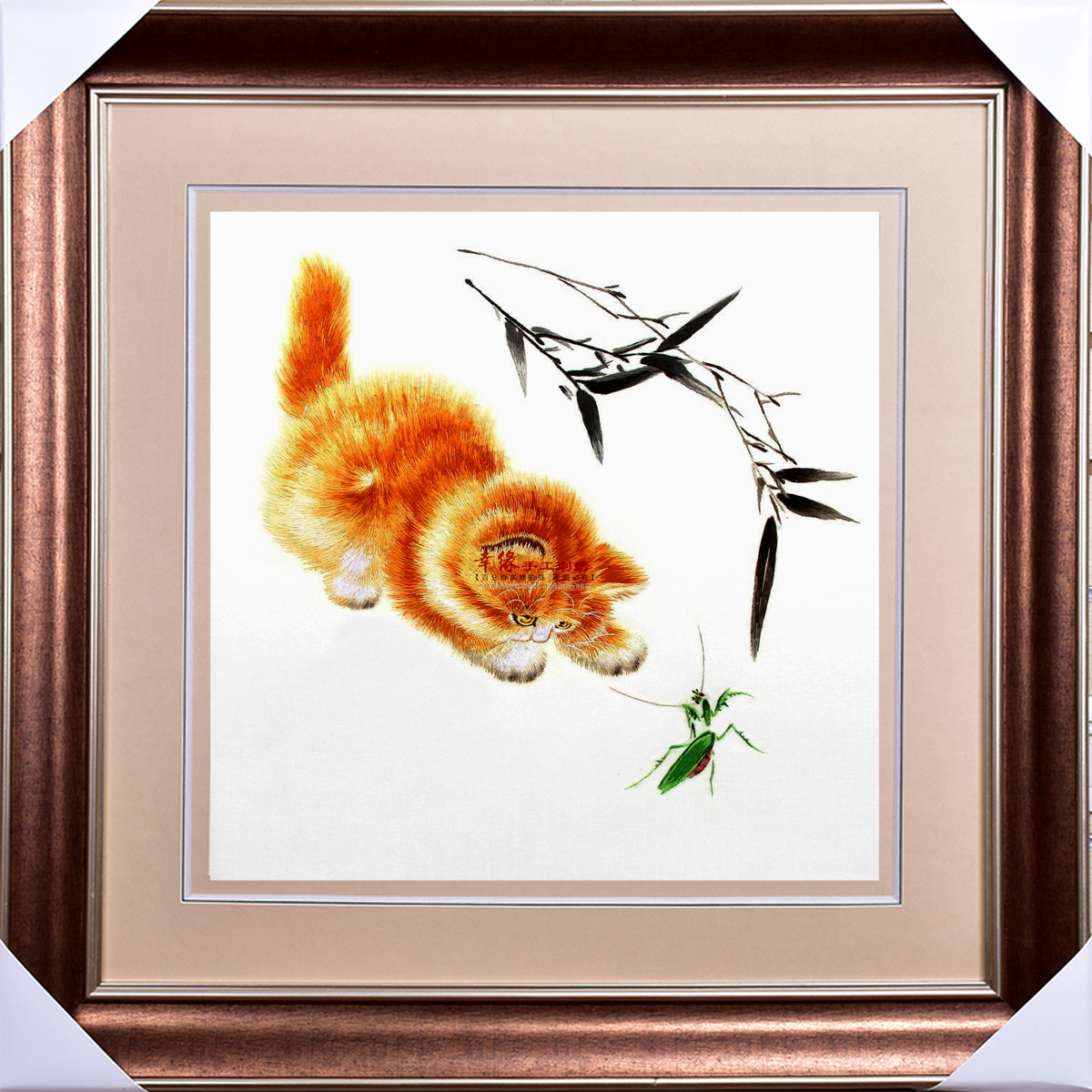 苏绣刺绣纯手工成品 客厅挂画 卧室书房玄关画 猫戏螳螂 竹子