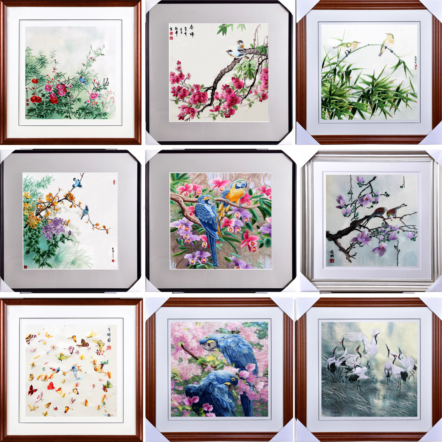 苏绣成品竹子花鸟 手工刺绣带框画马 梅花百年好合卧室画鹦鹉仙鹤