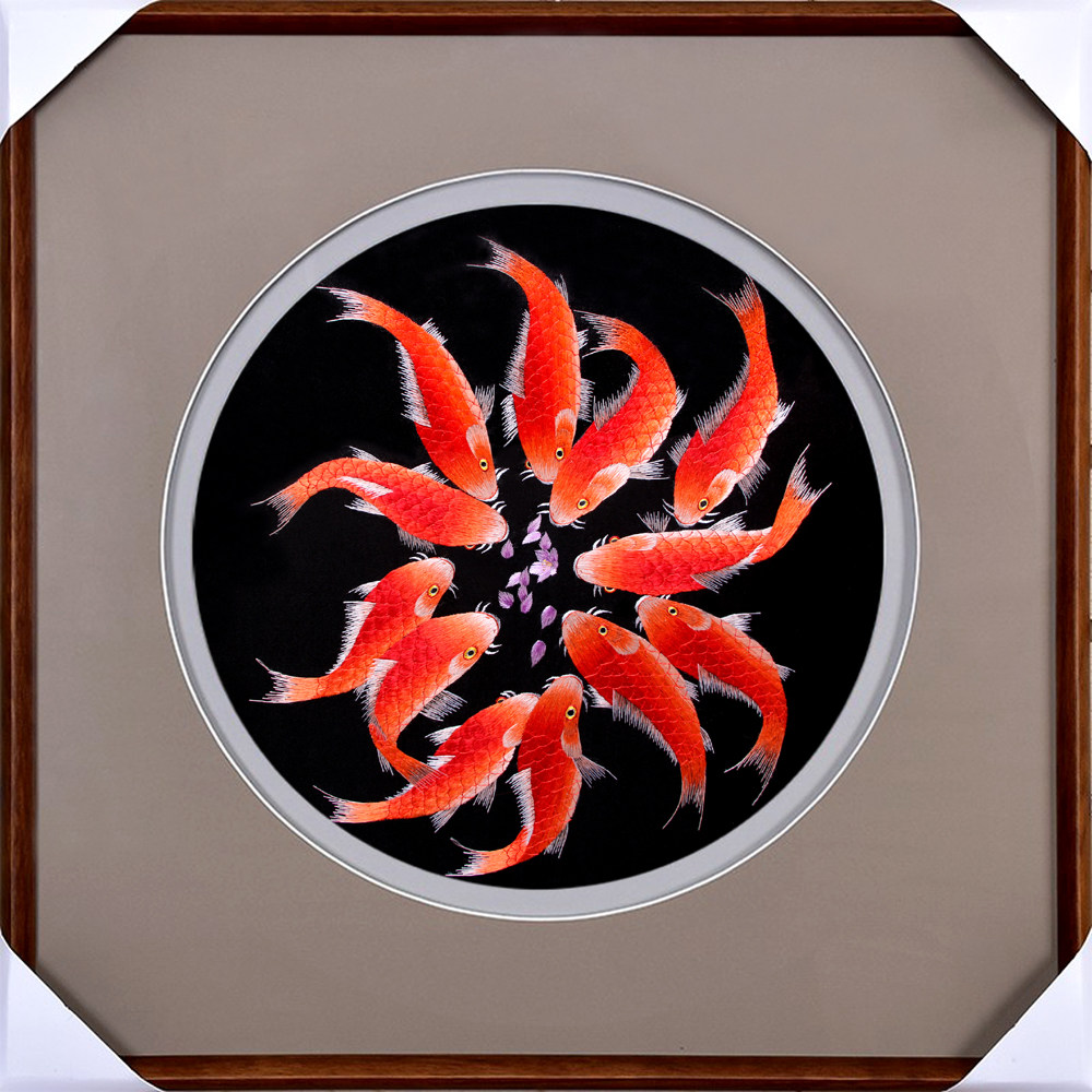 苏绣苏州刺绣成品客厅装饰画 12圆鱼一团和气 年年有余鱼纯手工绣