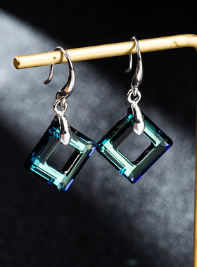 气质优雅方块菱形水晶耳环超闪变色奥地利水晶耳坠s925银耳饰品女