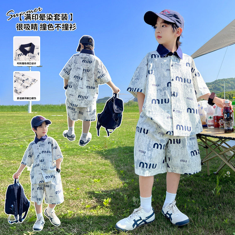 男童夏季韩版字母印花两件套潮酷休闲短袖衬衫短裤套装透气外出