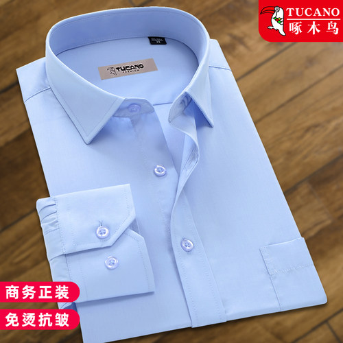 啄木鸟蓝色衬衣男长袖春秋薄款商务正装中年宽松条纹免烫工装衬衫