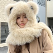 狐狸毛小熊帽围巾一体皮草风雪帽女冬季 保暖双面真毛软萌耳朵减龄
