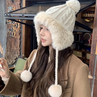 兔毛针织毛线帽女秋冬季韩版百搭保暖加绒显脸小护耳皮草帽大头围