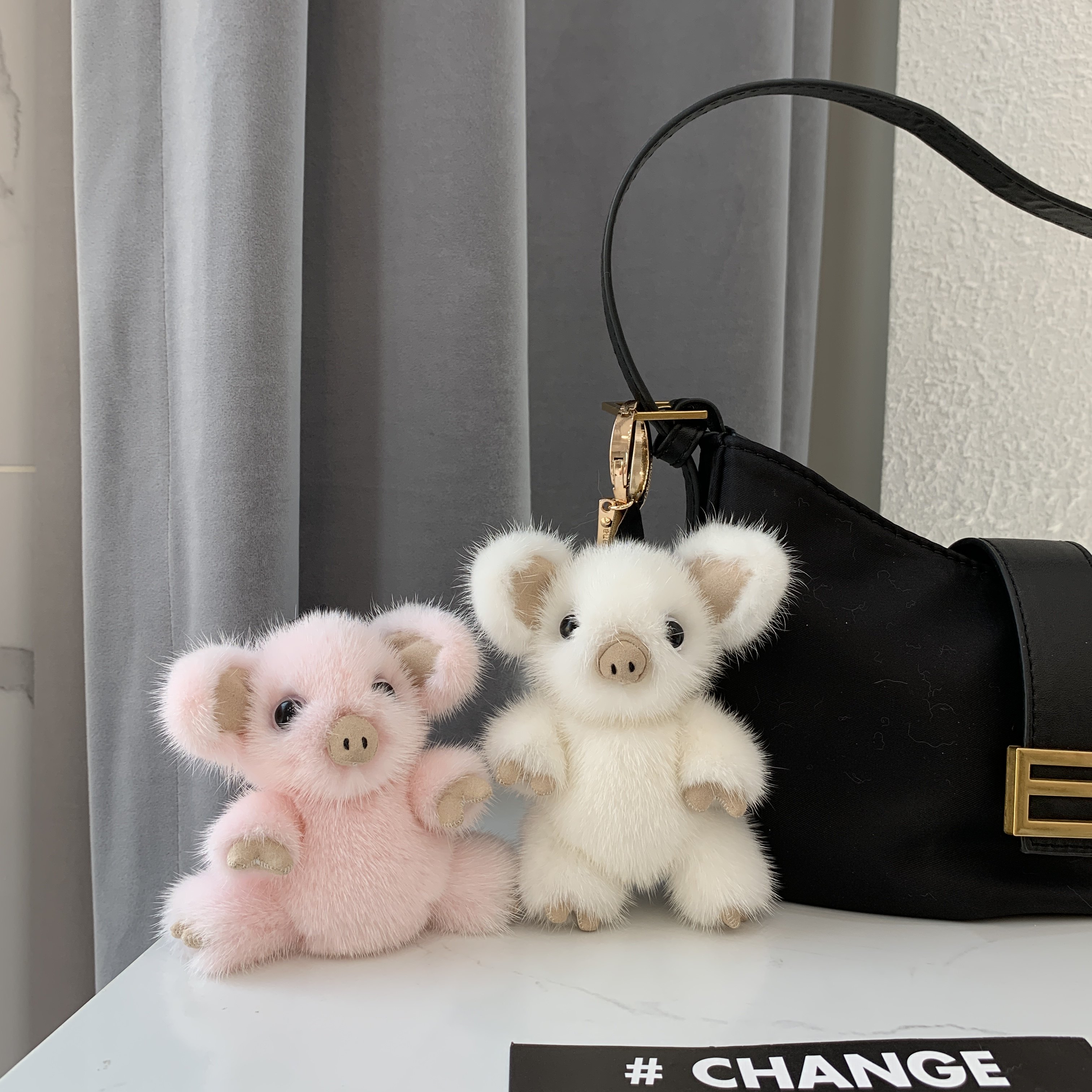 水貂毛小猪皮草包包挂件可爱真毛绒汽车钥匙扣玩偶公仔汽车挂饰女