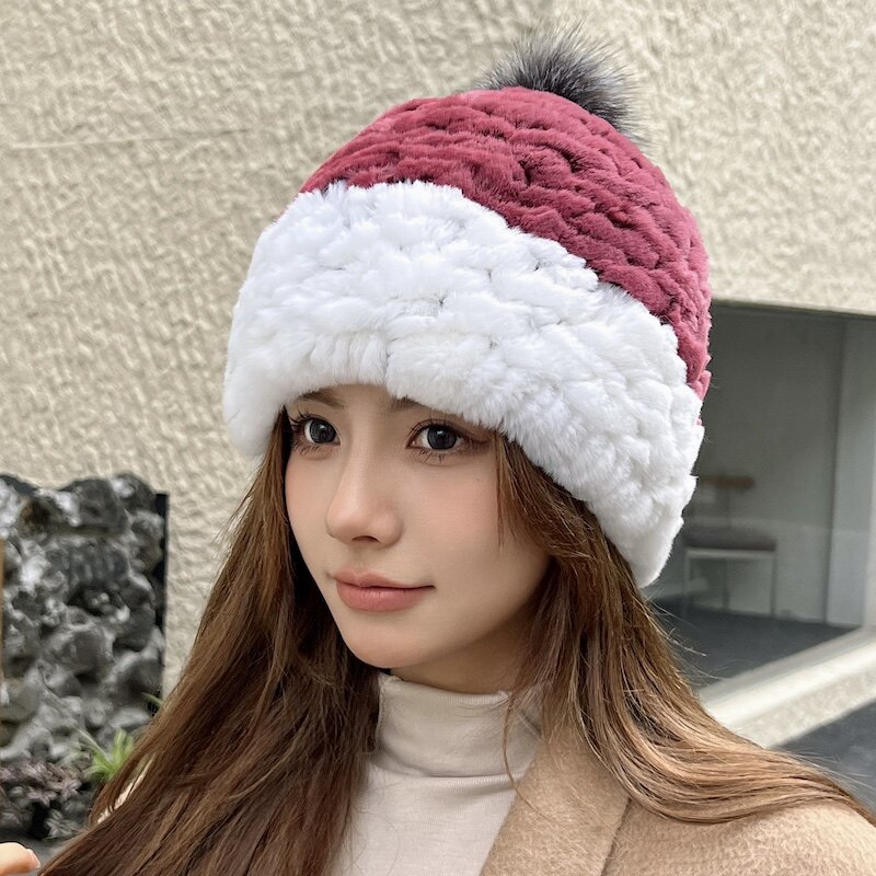 冬季新款妈妈中老年皮草帽子獭兔毛加厚保暖毛球球帽子韩版百搭