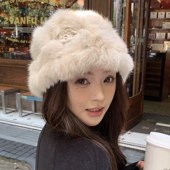 韩版 可爱手工钩花兔毛帽子女显脸小秋冬皮草帽护耳保暖毛绒针织帽