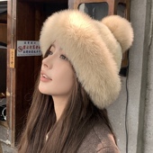 冬季 百搭貂绒盆帽 时尚 新款 狐狸毛皮草帽子女士加厚保暖护耳帽韩版