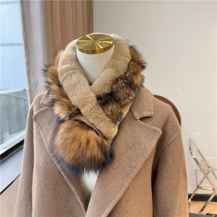 拼色貉子毛毛球围脖獭兔毛保暖加厚围巾韩国秋冬交叉毛绒围脖