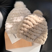 韩国真獭兔毛皮草帽子狐狸毛球护耳帽加厚保暖防寒包头帽显脸小女