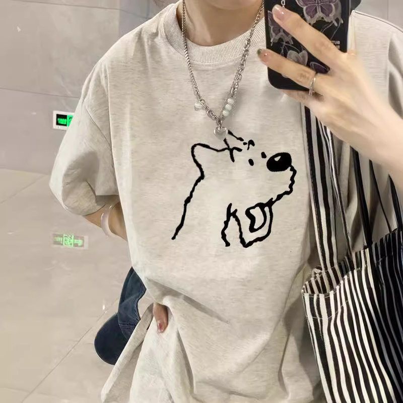 胖MM纯棉正肩短袖t恤女新款夏季灰色设计感美式宽松大码半袖上衣