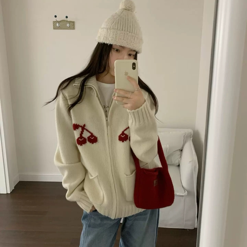 Mmt正品全羊毛樱桃拉链开衫毛衣外套宽松显瘦百搭均码四季青女装