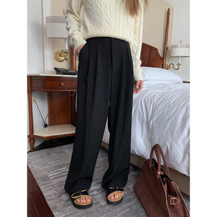 新款 女2023秋季 高腰直筒裤 长款 子 高级感垂感黑色休闲西装 显瘦裤 裤