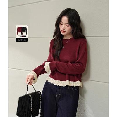 红色假两件毛衣女春秋季新款黑色镂空花边针织显瘦内搭打底衫上衣