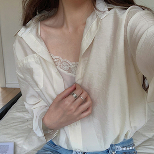 长袖 新款 上衣 女夏季 设计感假两件天丝蕾丝拼接衬衫