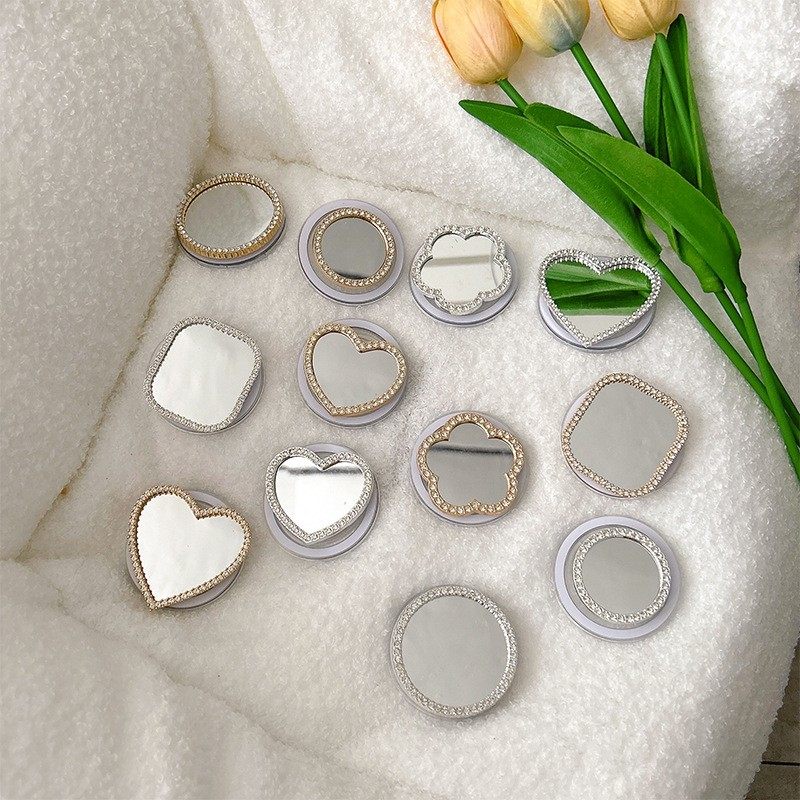 水钻玻璃镜子高级感手机气囊支架背贴爱心花朵方块补妆镜随身便携