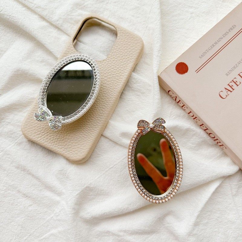 水钻蝴蝶结椭圆镜子贴手机气囊支架背贴可伸缩随身便携补妆镜ins