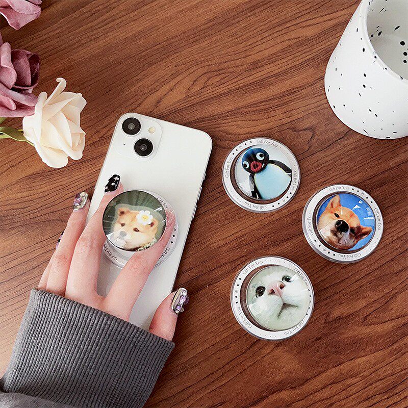 可爱动物玻璃圆形磁吸手机气囊支架背贴可伸缩桌面懒人支架ins风