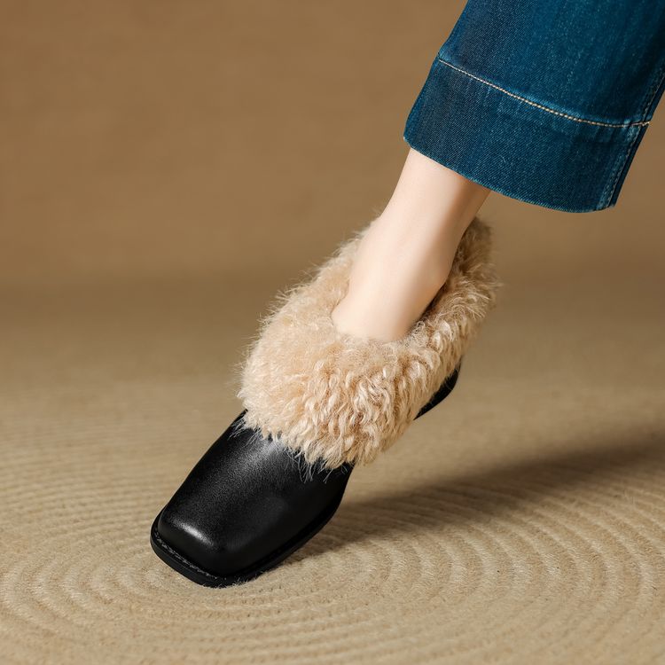 粗跟高跟鞋2024秋冬保暖加绒小皮鞋毛毛领口玛丽珍单鞋女毛毛单鞋