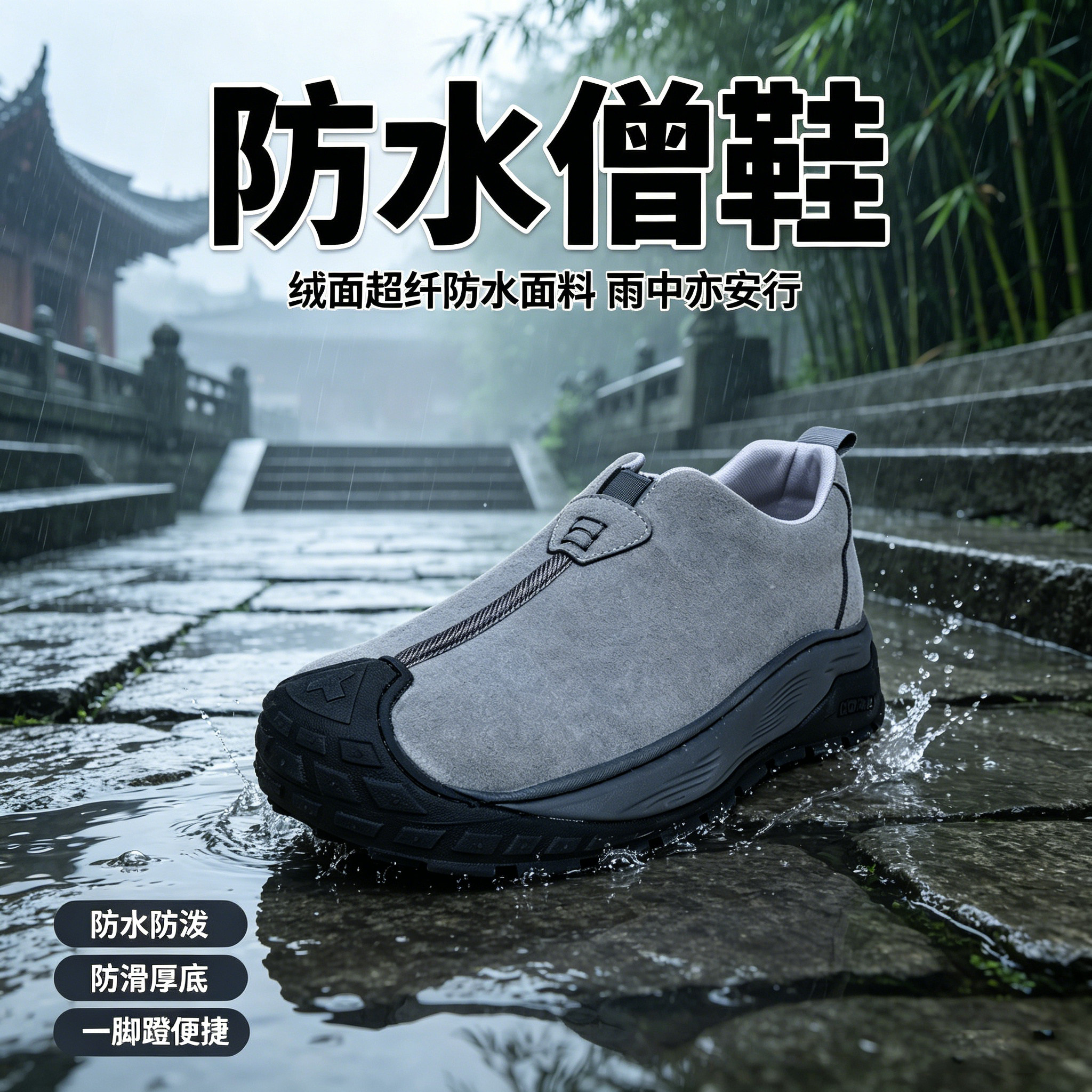 僧鞋男和尚鞋春秋季透气防水绒面中式传统国风居士鞋厚底轻便防滑
