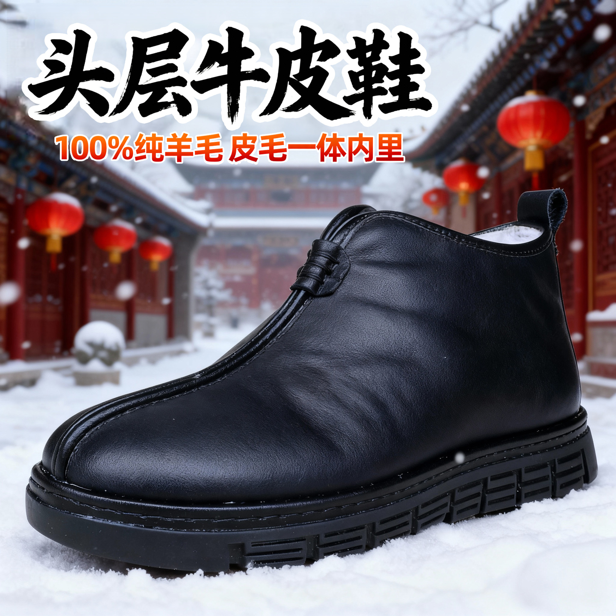 中式国风男士黑色皮靴冬季加绒保暖防滑软底真牛皮羊毛中老年棉鞋,流行男鞋,时尚雪地靴,淘宝优惠券,粉丝福利购,淘宝优惠卷