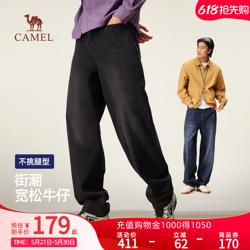 Camel骆驼男装秋季阔腿男牛仔裤黑色美式怀旧复古宽松长裤