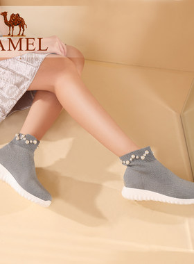 【非卖品】Camel/骆驼轻盈飞织袜子鞋女 珠饰短靴袜筒靴女靴子