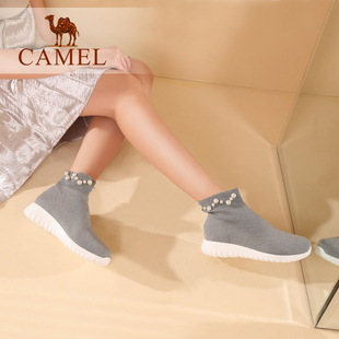 【非卖品】Camel/骆驼轻盈飞织袜子鞋女 珠饰短靴袜筒靴女靴子