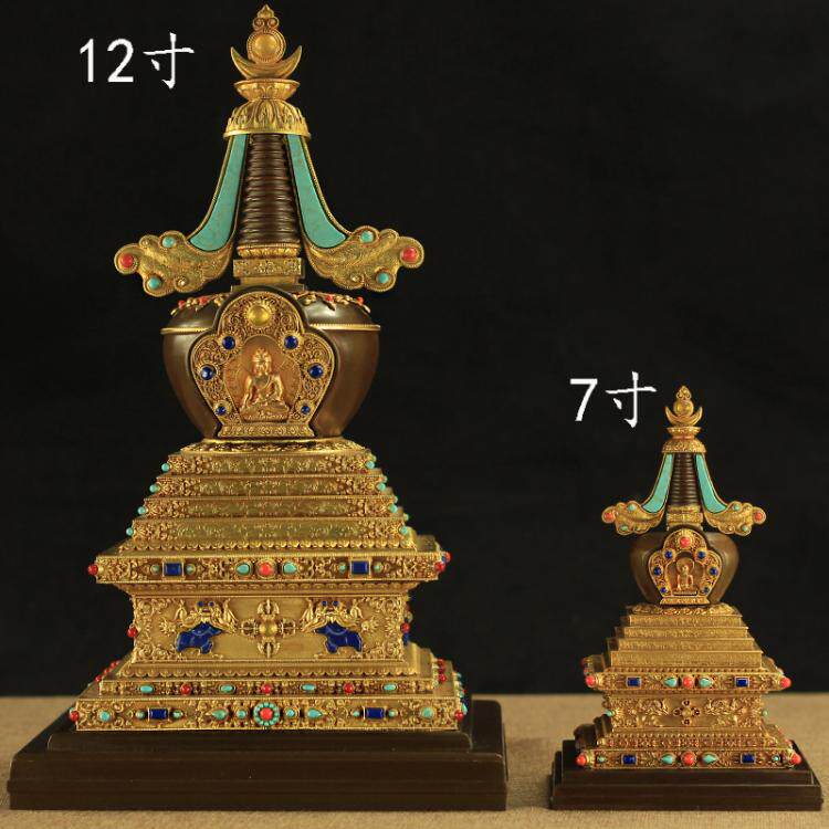 纯铜舍利塔佛塔藏传紫檀木底座可装藏摆件7寸/12寸甘露菩提塔