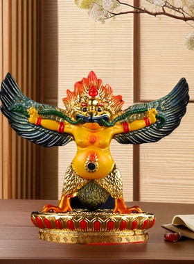 藏传民族用品合金大鹏金翅鸟佛像佛台供奉合金彩绘高11cm