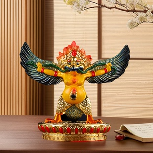 藏传民族用品合金大鹏金翅鸟佛像佛台供奉合金彩绘高11cm
