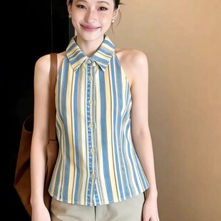 衬衫 女高级设计感小众显瘦绝美露肩上衣 独特撞色条纹翻领无袖 夏季
