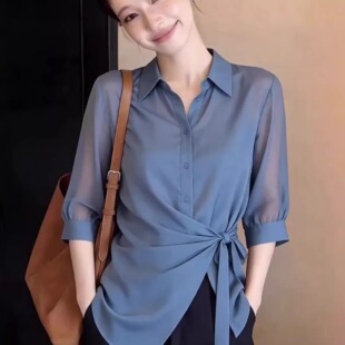 新款 蓝色韩系轻薄舒适翻领五分袖 衬衫 女2026夏季 上衣 系带显瘦大码