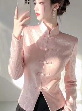 国风高级感缎面提花立领长袖衬衫女2026春独特别致盘扣新中式上衣