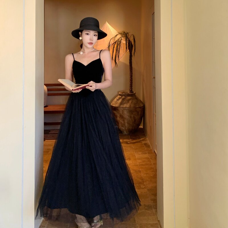 法式小众设计感复古黑色吊带拼接网纱连衣裙女名媛气质宴会礼服