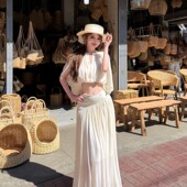 实拍春装 性感度假圆领斗篷上衣 高腰垂感褶皱半身裙长裙两件套女