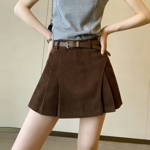 实拍韩系灯芯绒半身裙女高腰不对称设计感百褶内衬复古显瘦短裙子