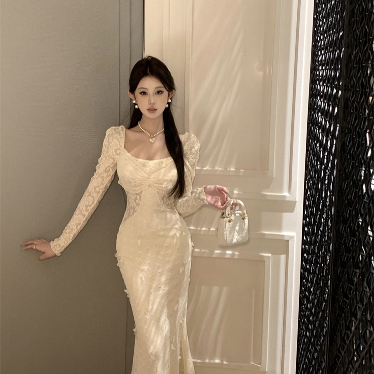 实拍实价  法式长袖针织连衣裙中长款名媛风