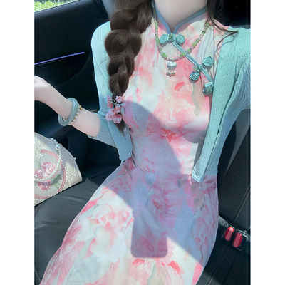 改良旗袍女连衣裙粉色新中式套装国风女装绝美气质短款开衫两件套