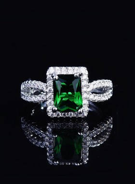 跨境新款镶嵌仿祖母绿方形公主戒指 欧美时尚订婚彩宝开口戒指女