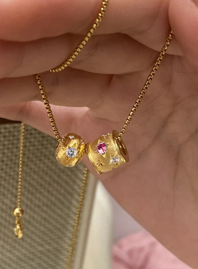 法式复古拉丝猫眼小金球吊坠感轻奢气质小金桶转运珠项链女