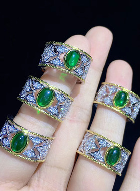 法式复古织纹雕金手工拉丝开口戒指镶嵌仿天然哥伦比亚祖母绿指环