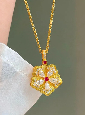 vintage中古风红刚玉五叶草吊坠轻奢感镶钻红刚玉花朵项链女