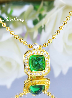 法式复古绿色糖塔造型方块短款圆珠锁骨链 vintage中古祖母绿吊坠