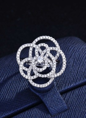 网红直播高级感山茶花戒指 ins风奢华微镶满钻花朵个性开口戒指女