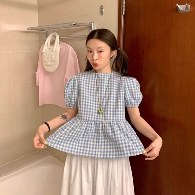 ovins yang 乖乖女既视感 后背蝴蝶绑带衬衫格子娃娃衬衣 10738#
