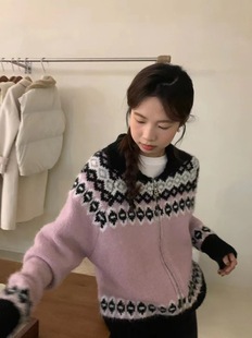 七七ost 圣诞色系拼色加厚拉链提花毛衣 lovely氛围感金豆开衫