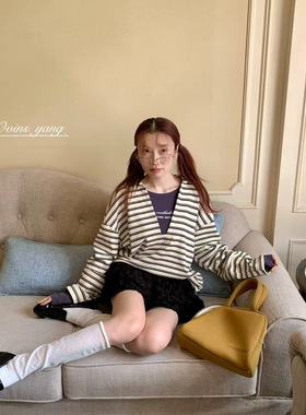 ovins yang 小众设计师款 V领休闲翻领条纹长袖tee 11053#