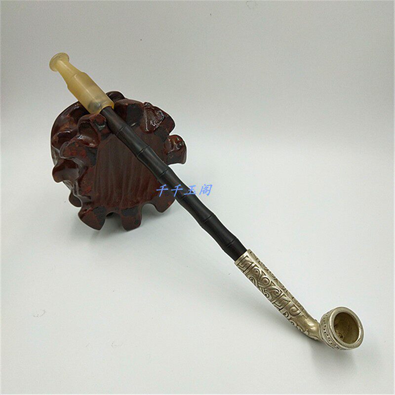 天然玛瑙俏色旱烟嘴烟袋紫光檀竹节款烟杆 铜镀银烟锅头 老人烟具