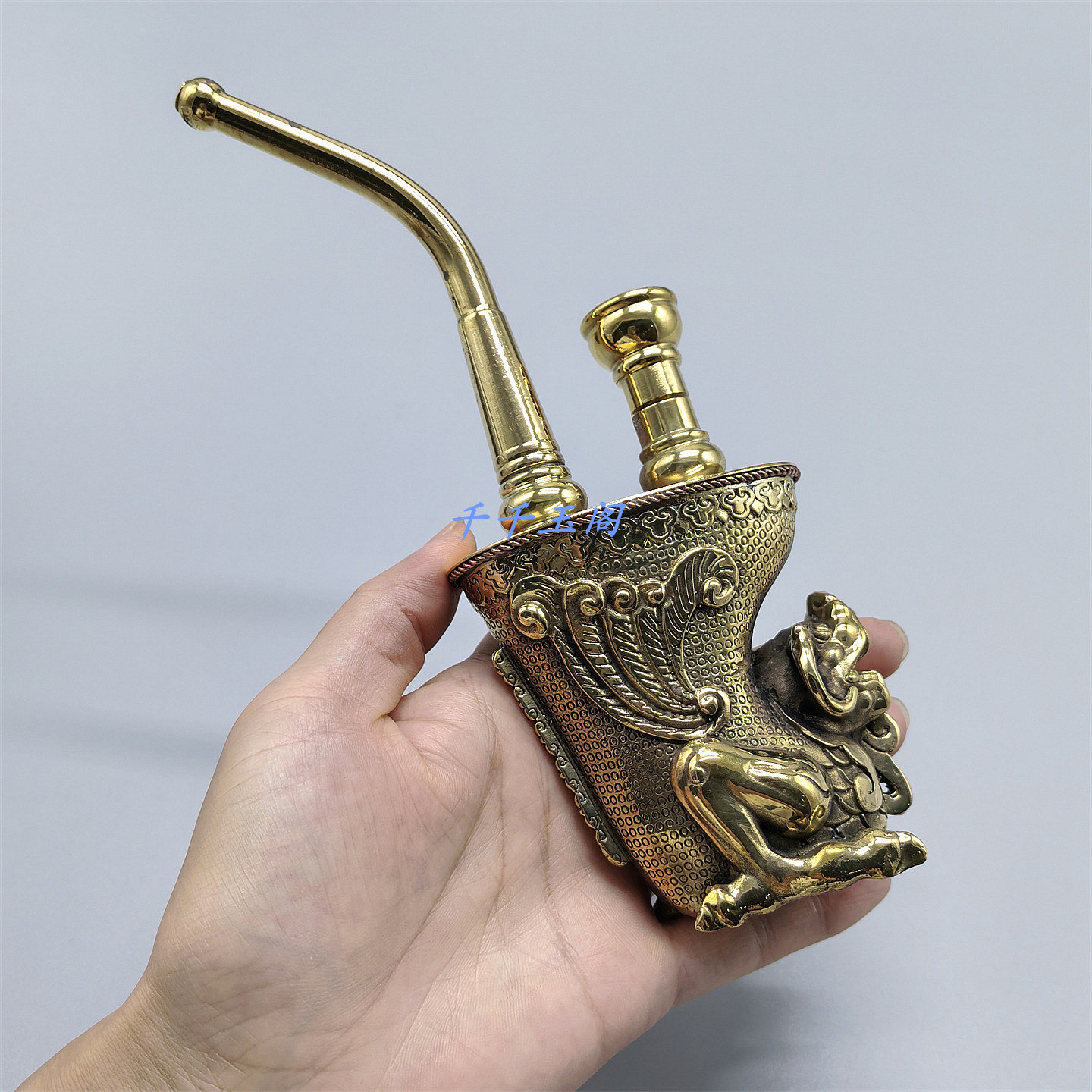 加厚黄铜雕刻水过滤烟壶复古麒麟瑞兽款烟袋壶旱烟袋大窝烟锅头